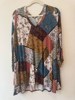 Patchwork V-Neck Boho Tunic Top Multicolor Floral Hippie Sz S Oversized Love In